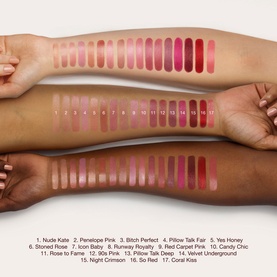 Charlotte Tilbury KISSING Lipstick swatches in 17 shades across three skin tones, numbered with shade names listed below