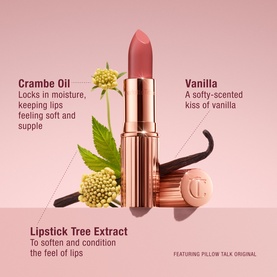 Charlotte Tilbury KISSING Lipstick in YES HONEY, a muted rose nude bullet, in rose gold casing, with ingredient callouts for Crambe Oil, Vanilla and