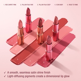 Charlotte Tilbury KISSING Lipstick shade collection showing five bullet lipsticks with satin swatches in pink and nude tones