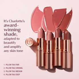 Charlotte Tilbury KISSING Lipstick in four Pillow Talk shades &mdash; Fair, Original, Medium and Deep &mdash; in rose gold bullet cases