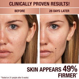 Charlotte Tilbury Magic Serum Crystal Elixir before-and-after showing skin appears 49% firmer after 28 days, clinically proven results.