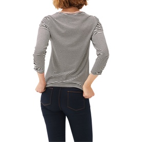 Model wearing Phase Eight Chessie Stripe Jersey Top in black and white stripe, long sleeve, round neck, slim fit, styled with dark navy jeans