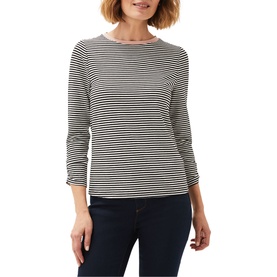 Model wearing Phase Eight Chessie Stripe Jersey Top in black and white stripe, long sleeve, round neck, slim fit, styled with dark jeans