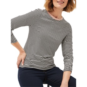 Model wearing Phase Eight Chessie Stripe Jersey Top in black and white stripe, long sleeve, round neck slim fit, styled with navy trousers