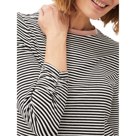 Model wearing Phase Eight Chessie Stripe Jersey Top in black and white stripe, long sleeve, round neck, slim fit. Close-up detail shot