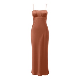 Forever New Christina Strappy Midi Dress in brown satin, ruched square neckline, thin straps, midi length with side slit