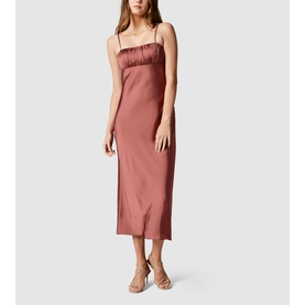 Model wearing Forever New Christina Strappy Midi Dress in brown, featuring square neckline, ruched detail, and midi length, styled with strappy heels