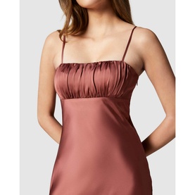 Model wearing Forever New Christina Strappy Midi Dress in brown, featuring ruched square neckline and thin straps