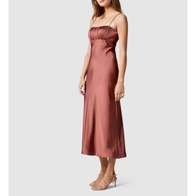Model wearing Forever New Christina Strappy Midi Dress in brown satin, featuring ruched square neckline, thin straps and midi length