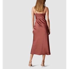 Model wearing Forever New Christina Strappy Midi Dress in brown satin, midi length, thin straps, back view, styled with nude heeled sandals