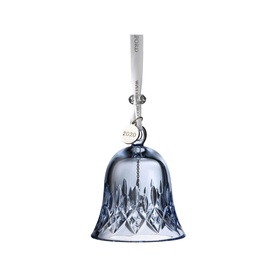 Waterford Christmas Bell Ornament Topaz Ice, clear crystal bell with cut detailing, silver ribbon hanger and 2020 charm