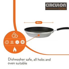 Circulon Total Stainless Steel Frying Pan 30cm in silver with hob compatibility and dishwasher safe icons