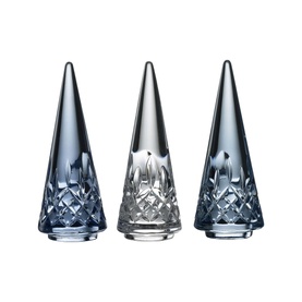 Waterford Christmas Medium Tree Set of 3 Topaz Mix, clear crystal cone trees with diamond-cut detailing in blue, clear, and grey tones