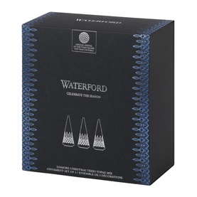 Waterford Christmas Medium Tree Set of 3 Topaz Mix, dark navy gift box with crystal tree decoration imagery and gold branding text