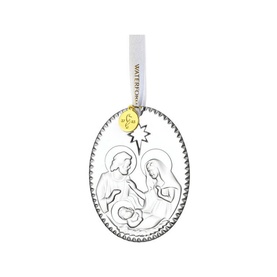 Waterford Nativity Ornament, clear oval crystal decoration with engraved Holy Family scene, gold-tone brand tag, white ribbon hanger
