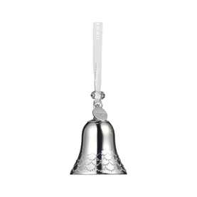 Waterford Christmas Bell Silver Ornament with embossed floral detail, white ribbon hanger, and crystal bead accent