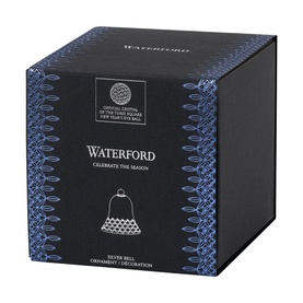 Waterford Christmas Bell Silver Ornament in navy gift box with silver bell illustration and Celebrate the Season text