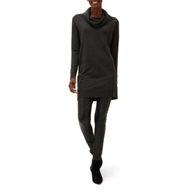 Model wearing Phase Eight Cindra Metal Trim Knitted Dress in grey, relaxed cowl neck with button detail