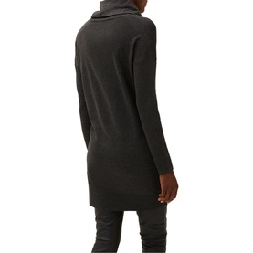 Model wearing Phase Eight Cindra Metal Trim Knitted Dress in grey, rear view showing cowl neck and long sleeves, styled with black trousers