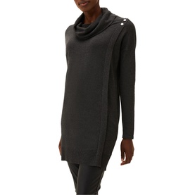 Model wearing Phase Eight Cindra Metal Trim Knitted Dress in grey, relaxed cowl neck, button shoulder detail, long sleeves, styled with grey trousers