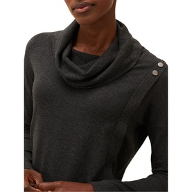Model wearing Phase Eight Cindra Metal Trim Knitted Dress in grey, featuring relaxed cowl neck and silver button shoulder detail