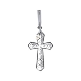 Waterford Christmas Cross Ornament in clear crystal with engraved diamond pattern detail and silver hanging ribbon