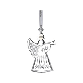 Waterford Christmas Angel Ornament in clear crystal with engraved detailing, trumpet motif, and silver ribbon hanger