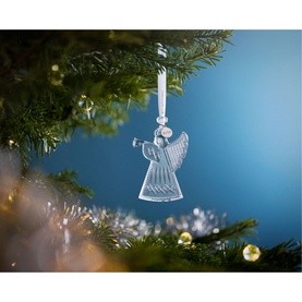 Waterford Christmas Angel Ornament in clear crystal, hanging from a decorated Christmas tree with white ribbon