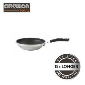 Circulon Total Stainless Steel Frying Pan 22cm in silver with non-stick interior and black handle, shown with non-stick longevity badge