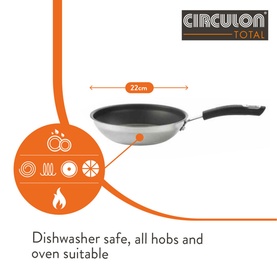 Circulon Total Stainless Steel Frying Pan 22cm in silver, dishwasher safe, all hobs and oven suitable, with hob compatibility icons shown