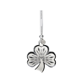 Waterford Christmas Shamrock Ornament in clear crystal with silver finish, ribbon hanger, and faceted bead detail