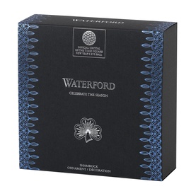 Waterford Christmas Shamrock Ornament gift box in navy blue with silver foil branding and decorative detailing
