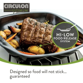 Circulon Ultimum black flan tin with Hi-Low Food Release System, shown with roasted meat and vegetables, non-stick guaranteed