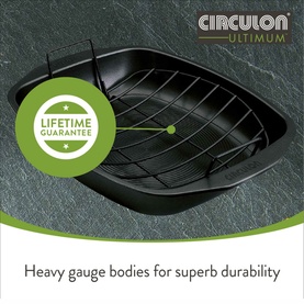 Circulon Ultimum Black roasting tin with rack insert and Lifetime Guarantee badge, heavy gauge construction for durability