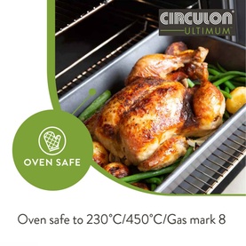 Circulon Ultimum black roasting tin with whole roasted chicken and vegetables inside an oven, oven safe to 230&deg;C