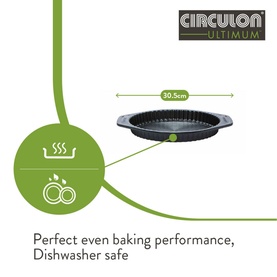 Circulon Ultimum Flan Tin in black, 30.5cm diameter, with text highlighting even baking performance and dishwasher-safe features