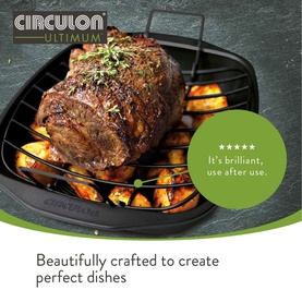 Circulon Ultimum black roasting rack with herb-crusted roast meat and roasted vegetables, shown in a dark roasting pan