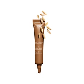 Clarins Everlasting Concealer 12ml tube in warm tan shade with concealer swatches fanned above