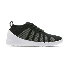 Clarks Sprint Evolve Kids Shoes in black knit fabric with grey mesh panels, white midsole, lateral side view