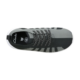 Clarks Sprint Evolve Kids Shoes in black, top-down view showing knit upper, lace fastening and white sole