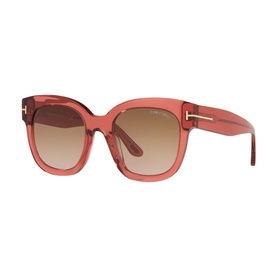 Tom Ford Irregular Sunglasses TR001298 in clear coral, oversized square frames with gradient brown lenses and gold-tone T-bar temples