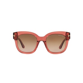 Tom Ford Irregular Sunglasses TR001298 in clear pink frames with gold T-bar temples and brown gradient lenses