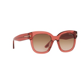 Tom Ford Irregular Sunglasses TR001298 in clear red-tinted acetate with gold T-bar temples and brown gradient lenses