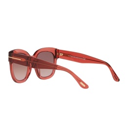 Tom Ford Irregular Sunglasses TR001298 in clear coral-red acetate, gradient tinted lenses, gold-tone hardware, angled side view