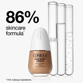 Clinique Even Better Clinical Serum Foundation SPF20 30ml bottle beside glass tubes, with 86% skincare formula claim text