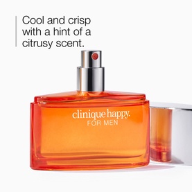 Clinique Happy For Men Cologne Spray 100ml in orange glass bottle with silver pump cap, shown with partial second bottle