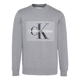Calvin Klein Jeans Monogram Logo Sweat Top in grey marl, crew neck, with large rectangular logo graphic on chest