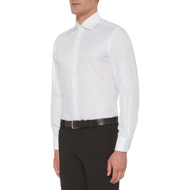 Model wearing Canali White Twill Shirt with spread collar, styled with black trousers and leather belt