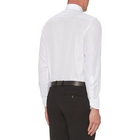 Model wearing Canali Twill Shirt in white, single cuff regular fit, styled with black trousers and black leather belt, rear view