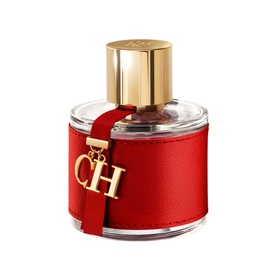 Carolina Herrera CH Woman Eau de Toilette in red leather-wrapped glass bottle with gold cap and CH charm pendant
